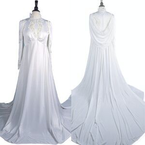 Vintage 80s Satin Long Sleeve Wedding Dress Lace High Neck Cape Cathedral Train
